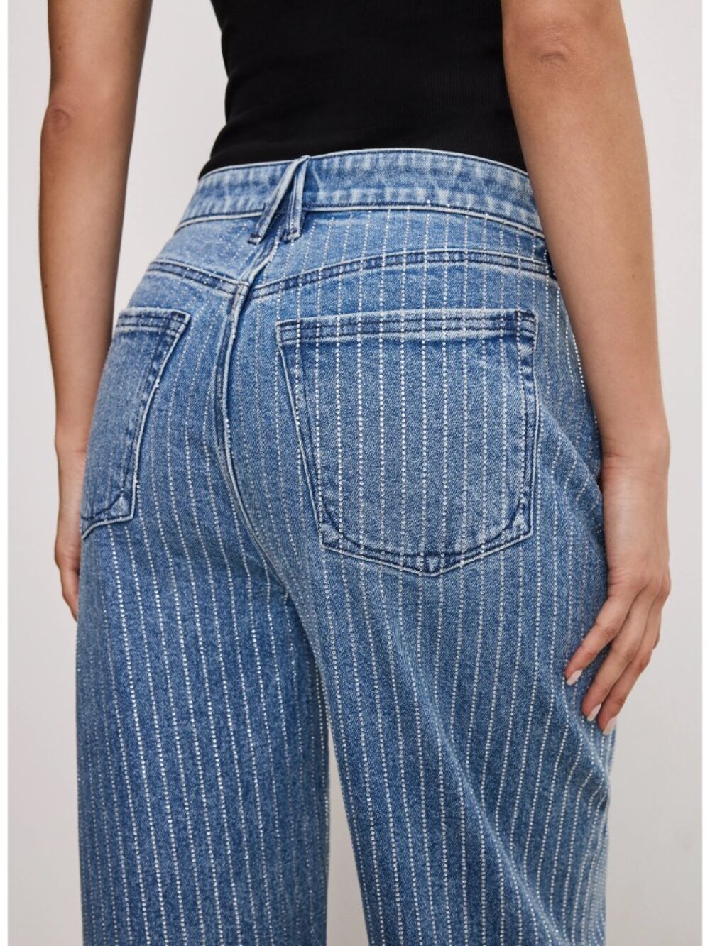 Good American Good Ease Rhinestone Pinstripe wide leg indigo Jeans